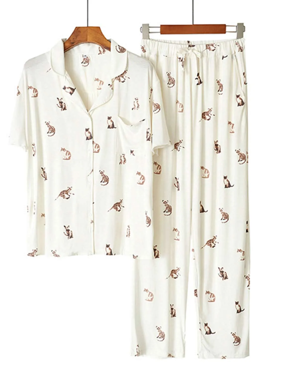 Cute Flip-Neck Short-Sleeved Loose Pajamas Set