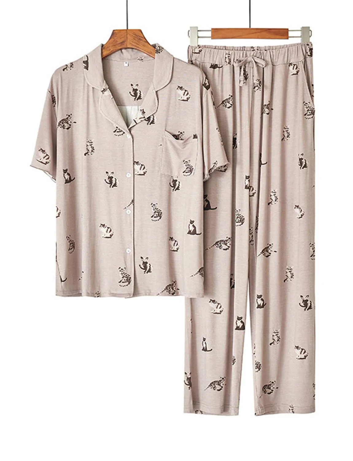 Cute Flip-Neck Short-Sleeved Loose Pajamas Set