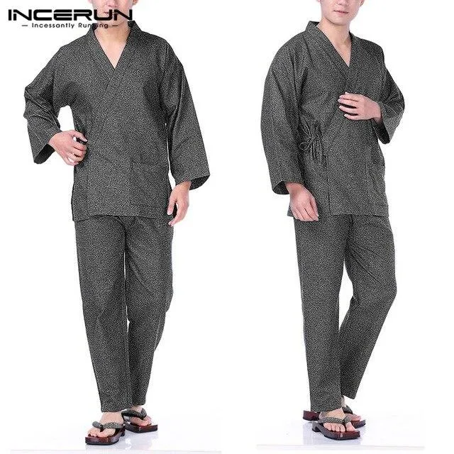Fashion Mens Loose Nightgown Yukata Suit Bathrobe Pajamas Sets Suits Autumn Kimono Pyjamas Lounge Robe Long Sleeve Sleepwear