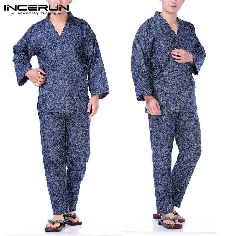 Fashion Mens Loose Nightgown Yukata Suit Bathrobe Pajamas Sets Suits Autumn Kimono Pyjamas Lounge Robe Long Sleeve Sleepwear