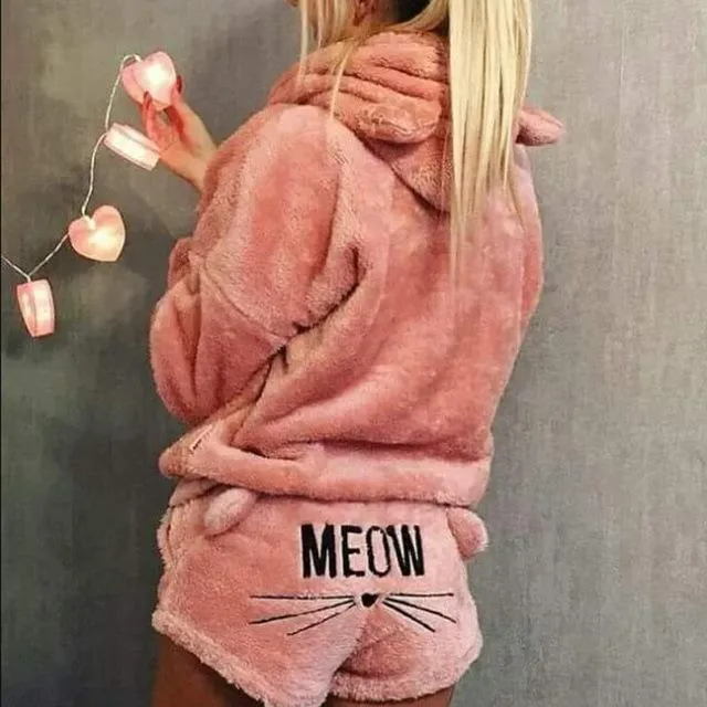 Hot Women Winter Warm Coral Velvet Winter Nightdress  Thick Hooded Sleepwear Pajamas Sets