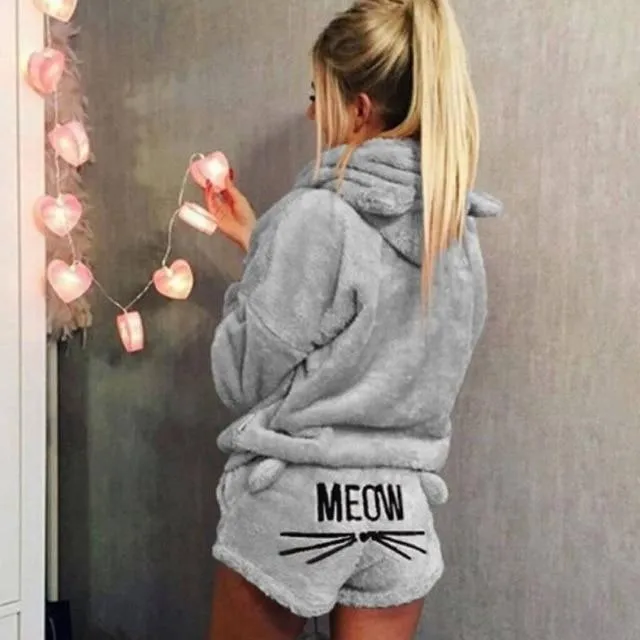 Hot Women Winter Warm Coral Velvet Winter Nightdress  Thick Hooded Sleepwear Pajamas Sets