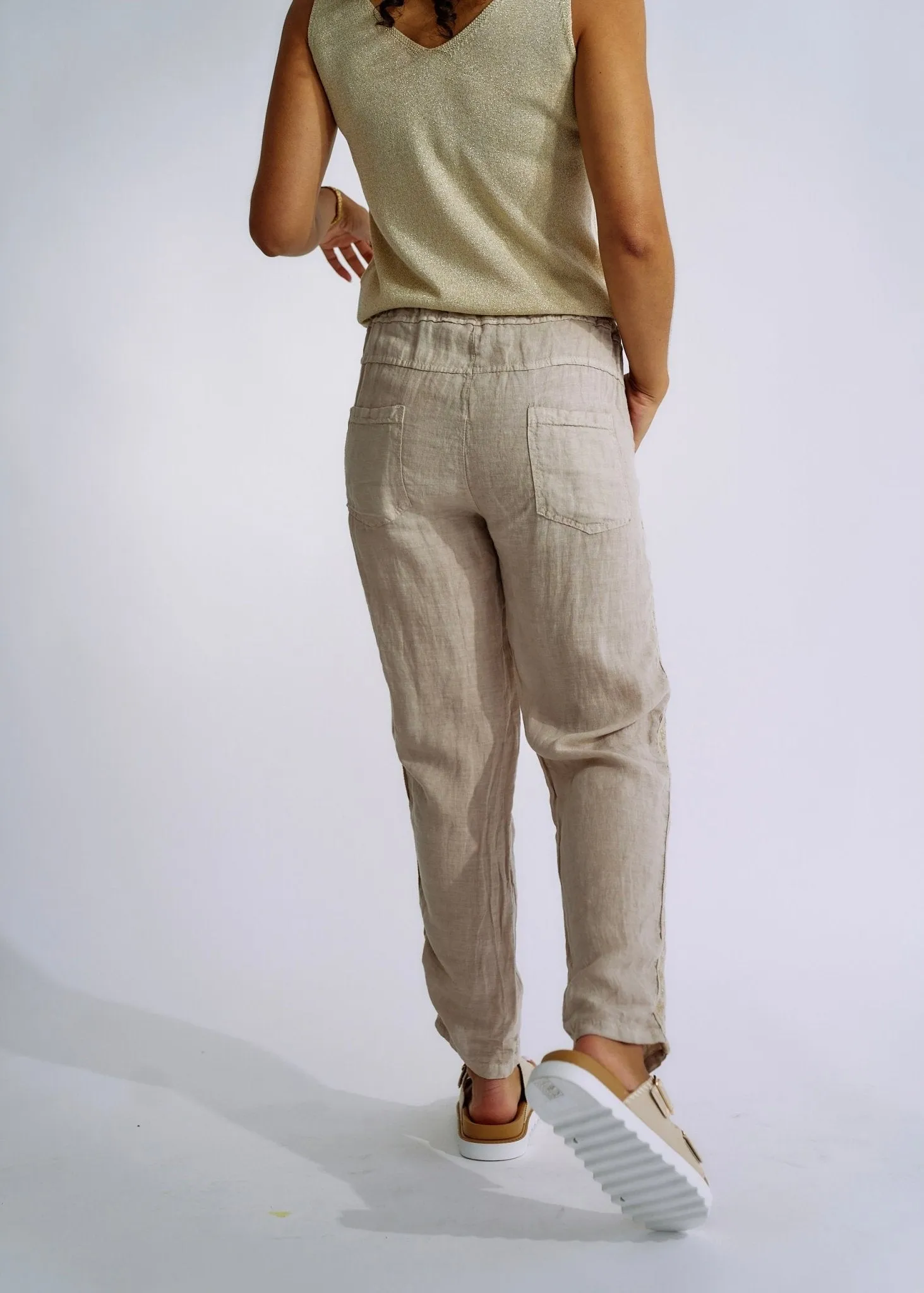 Italian Linen Joggers with Gold Hearts in Beige