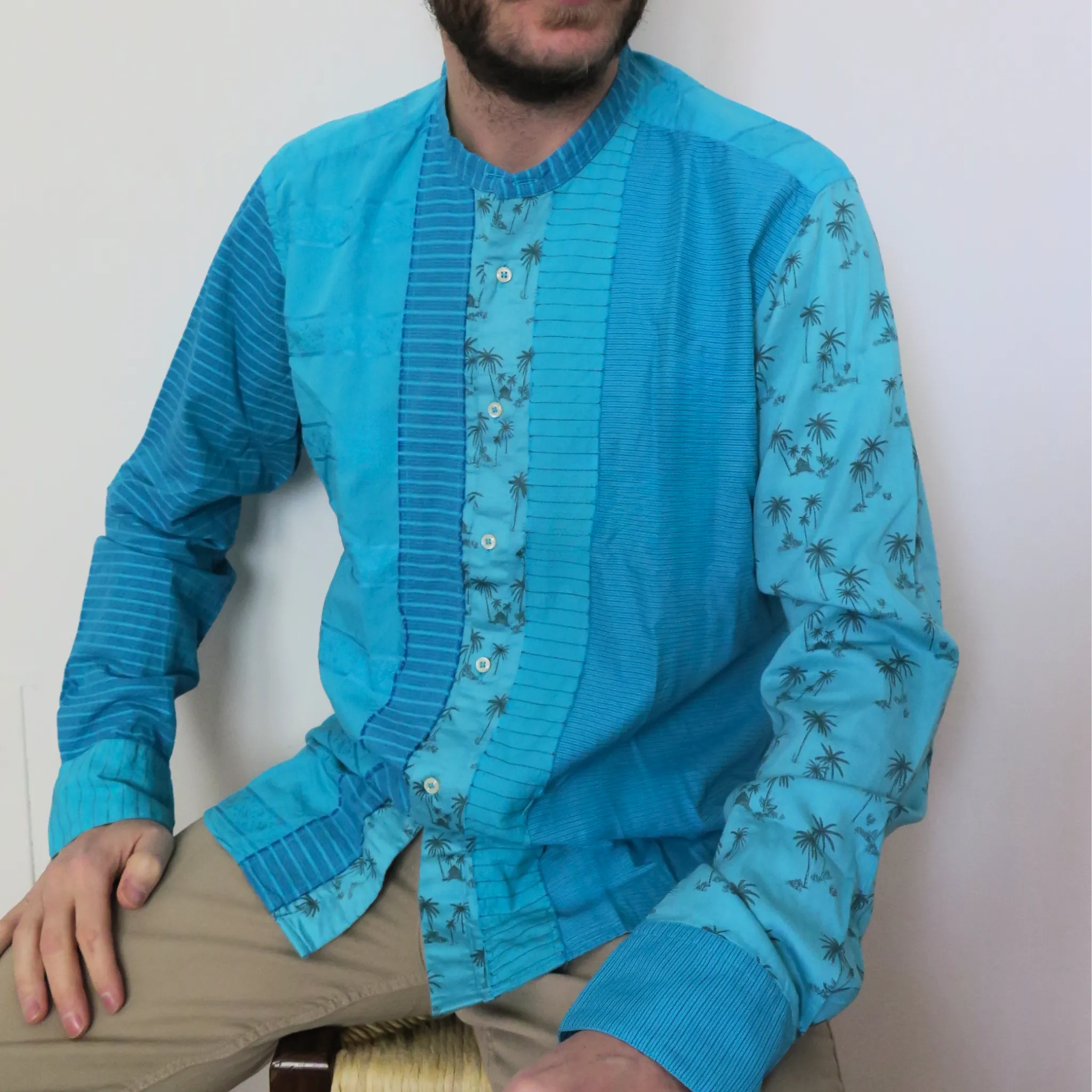 Kaos Patch 3f - shirt, cotton with patchwork tecnique, Korean collar, relaxed fit