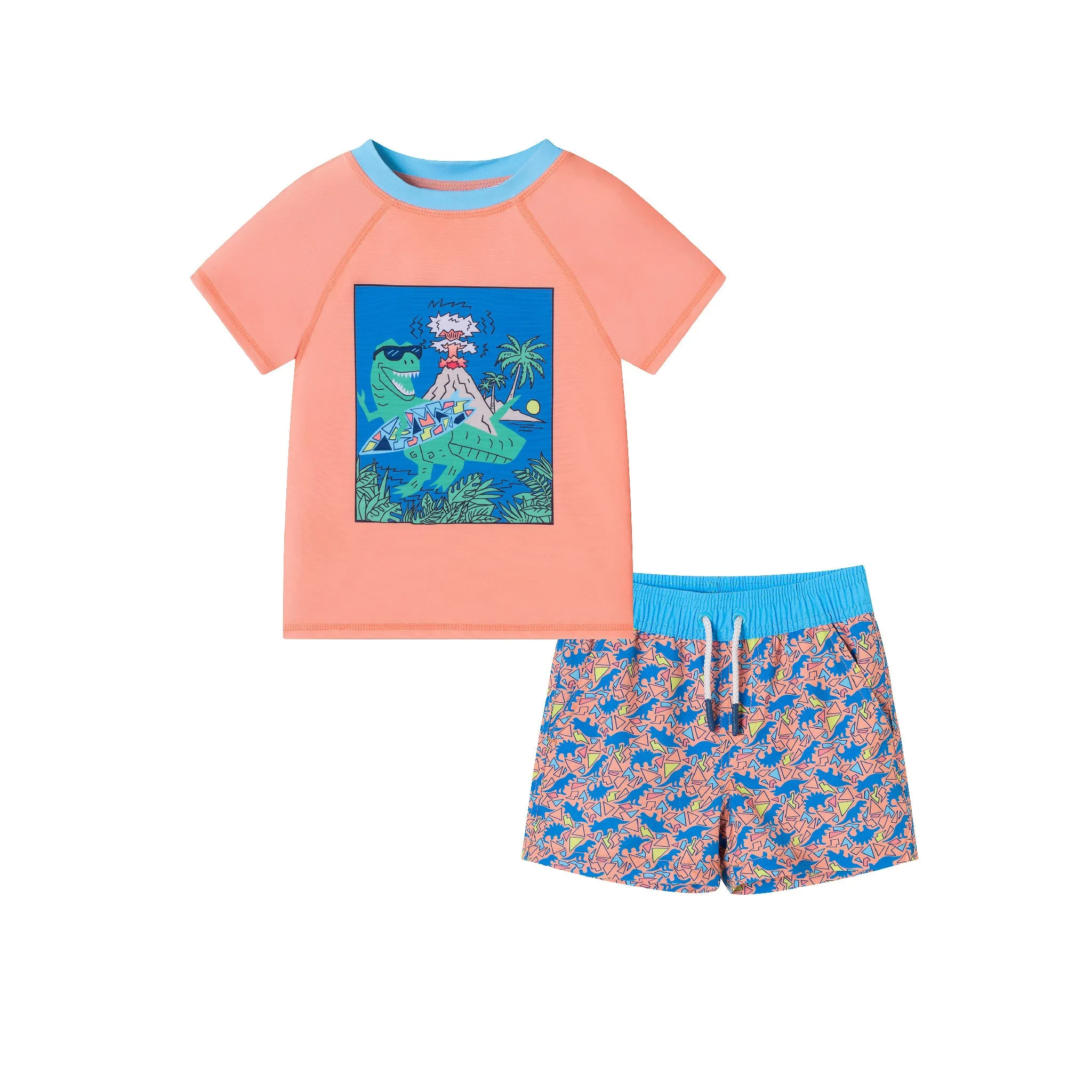 Kids (5-7) Rashguard & Swim Trunk Set | Surfing Dino