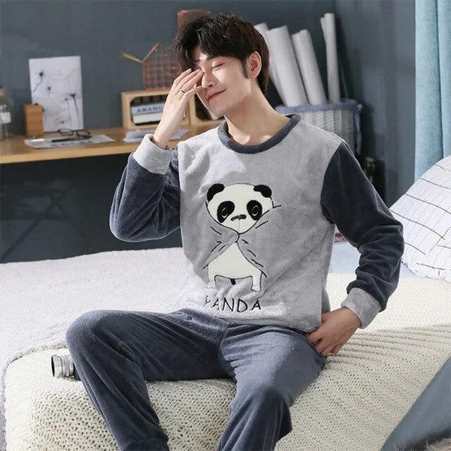 LLYGE Men Flannel Cartoon Pajama Set Coral Fleece Thicken O-Neck Long Sleeve Homewear Pyjama Suit Spring Men's Pants Nightgowns