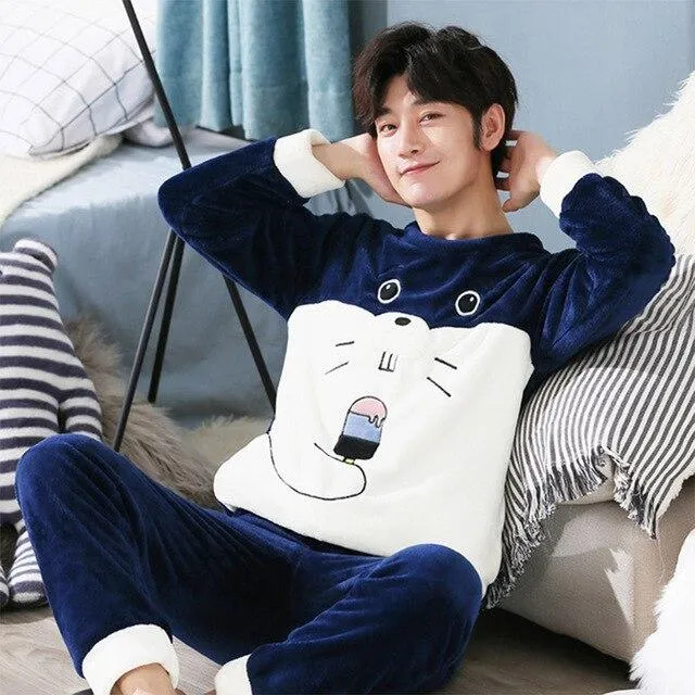 LLYGE Men Flannel Cartoon Pajama Set Coral Fleece Thicken O-Neck Long Sleeve Homewear Pyjama Suit Spring Men's Pants Nightgowns