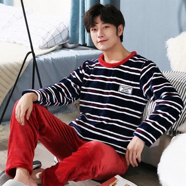LLYGE Men Flannel Cartoon Pajama Set Coral Fleece Thicken O-Neck Long Sleeve Homewear Pyjama Suit Spring Men's Pants Nightgowns