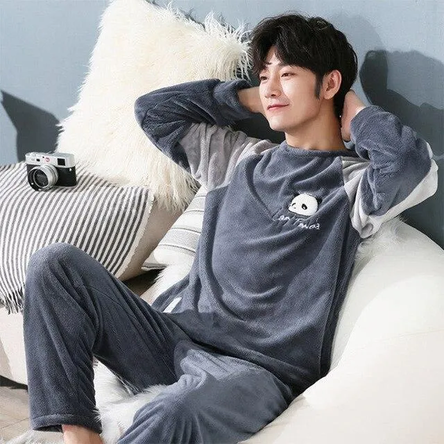 LLYGE Men Flannel Cartoon Pajama Set Coral Fleece Thicken O-Neck Long Sleeve Homewear Pyjama Suit Spring Men's Pants Nightgowns
