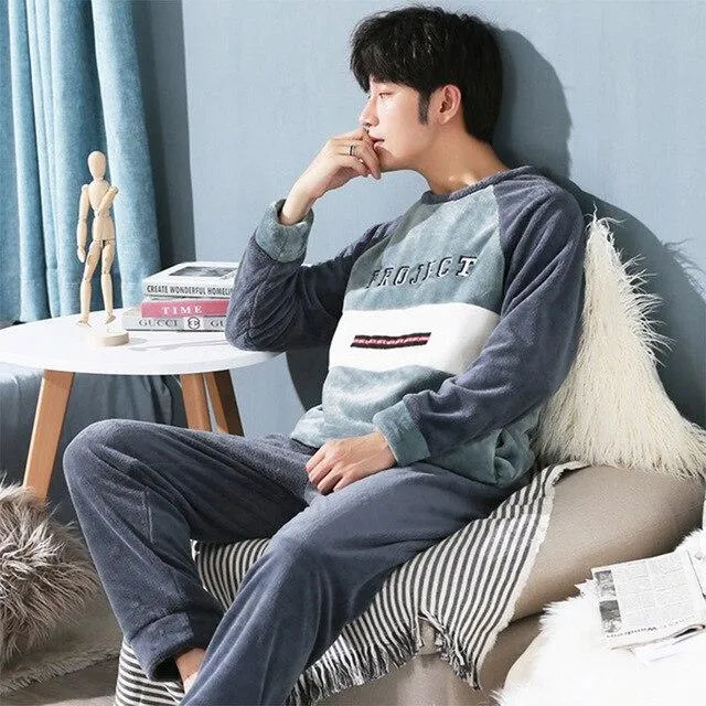 LLYGE Men Flannel Cartoon Pajama Set Coral Fleece Thicken O-Neck Long Sleeve Homewear Pyjama Suit Spring Men's Pants Nightgowns