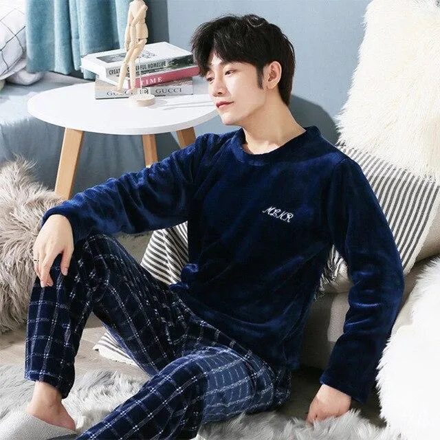 LLYGE Men Flannel Cartoon Pajama Set Coral Fleece Thicken O-Neck Long Sleeve Homewear Pyjama Suit Spring Men's Pants Nightgowns