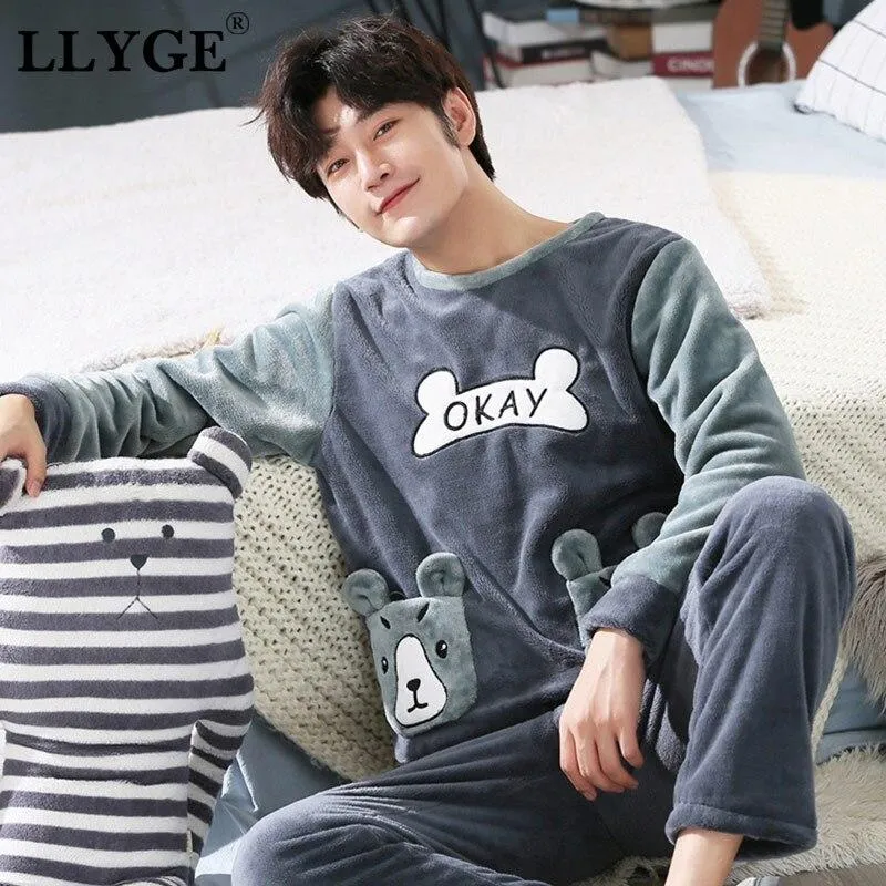 LLYGE Men Flannel Cartoon Pajama Set Coral Fleece Thicken O-Neck Long Sleeve Homewear Pyjama Suit Spring Men's Pants Nightgowns
