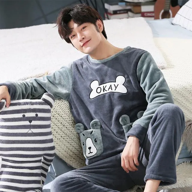LLYGE Men Flannel Cartoon Pajama Set Coral Fleece Thicken O-Neck Long Sleeve Homewear Pyjama Suit Spring Men's Pants Nightgowns