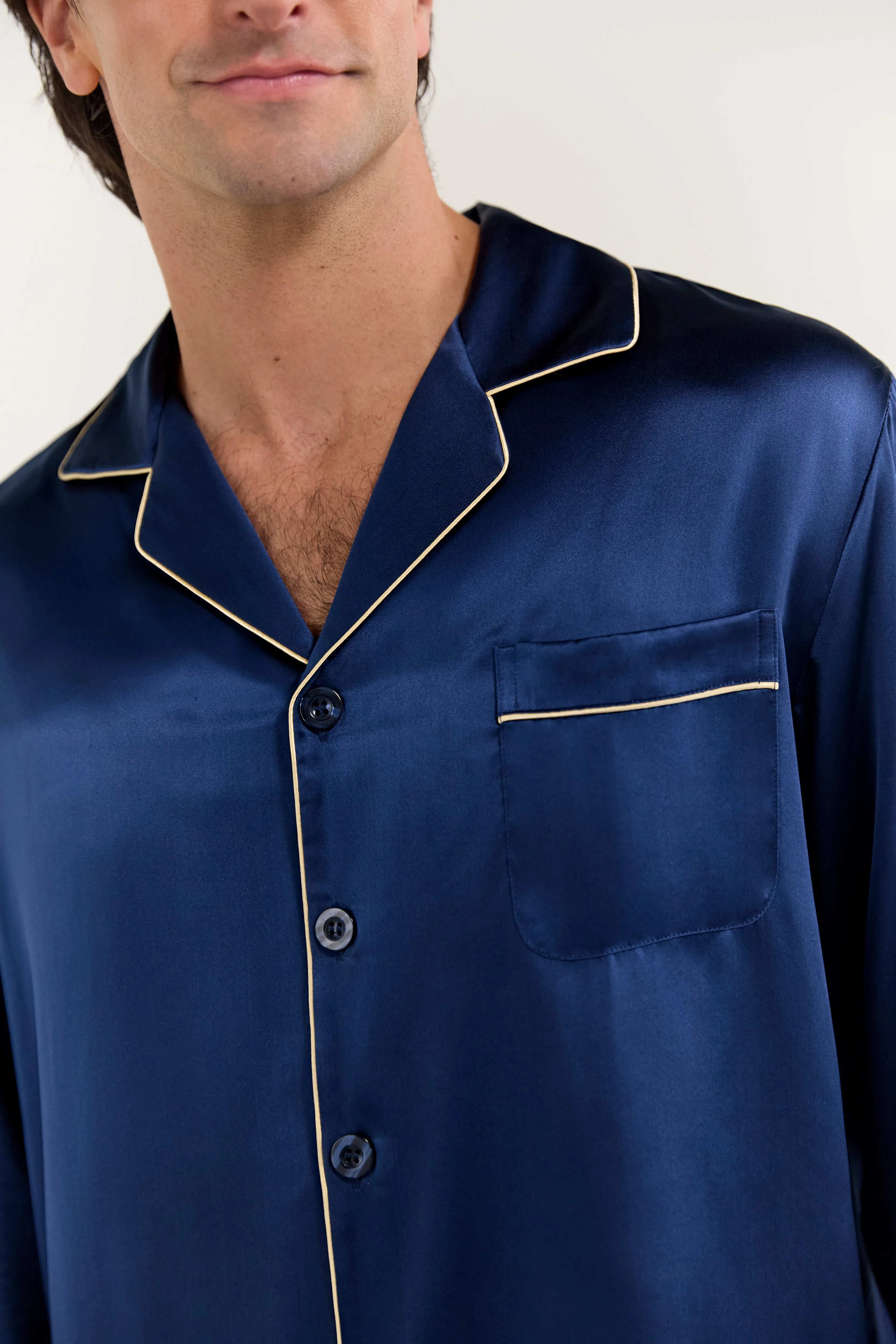 Men’s Long-Sleeve Silk Pajamas Set In Navy Blue