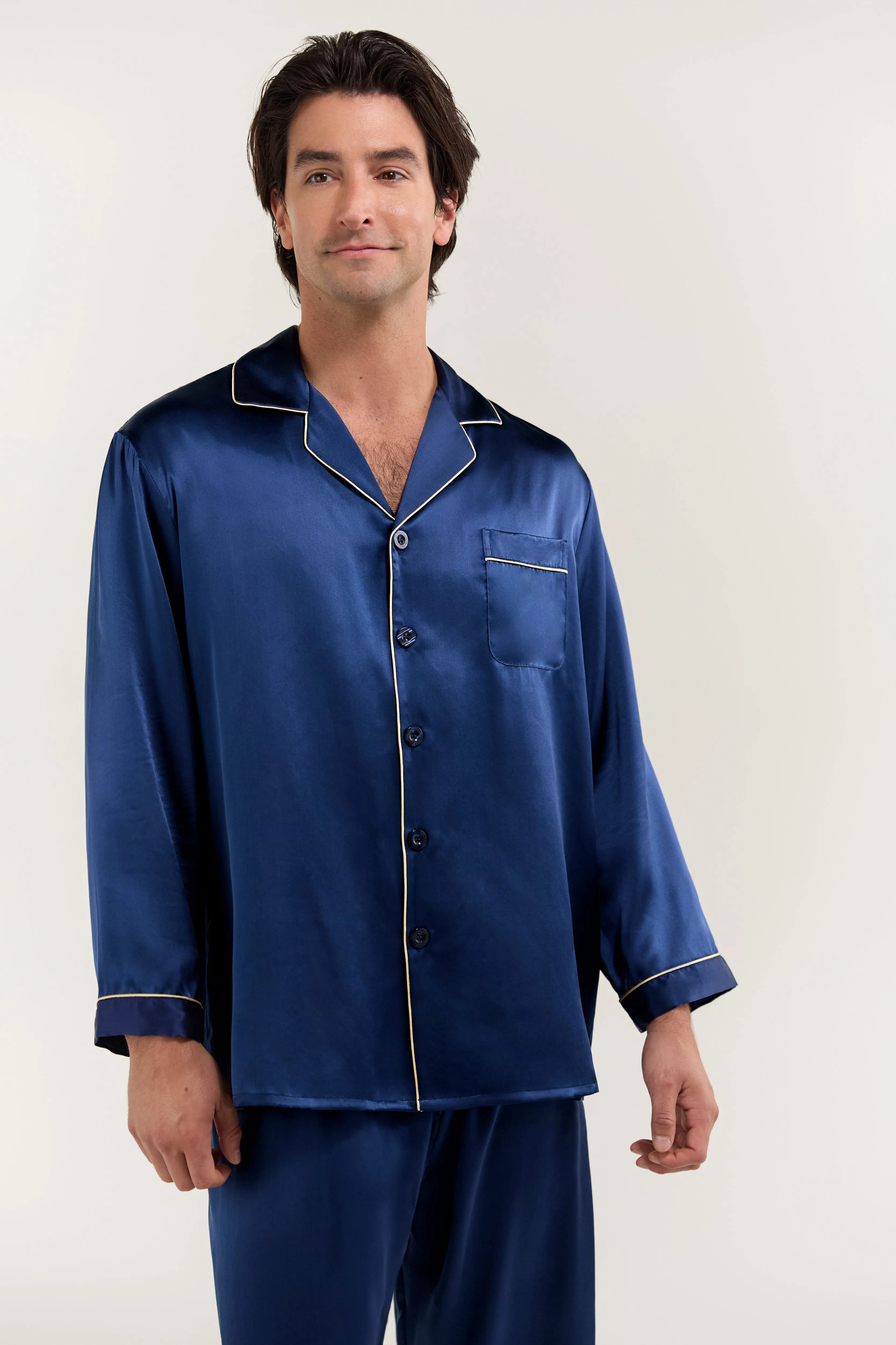 Men’s Long-Sleeve Silk Pajamas Set In Navy Blue