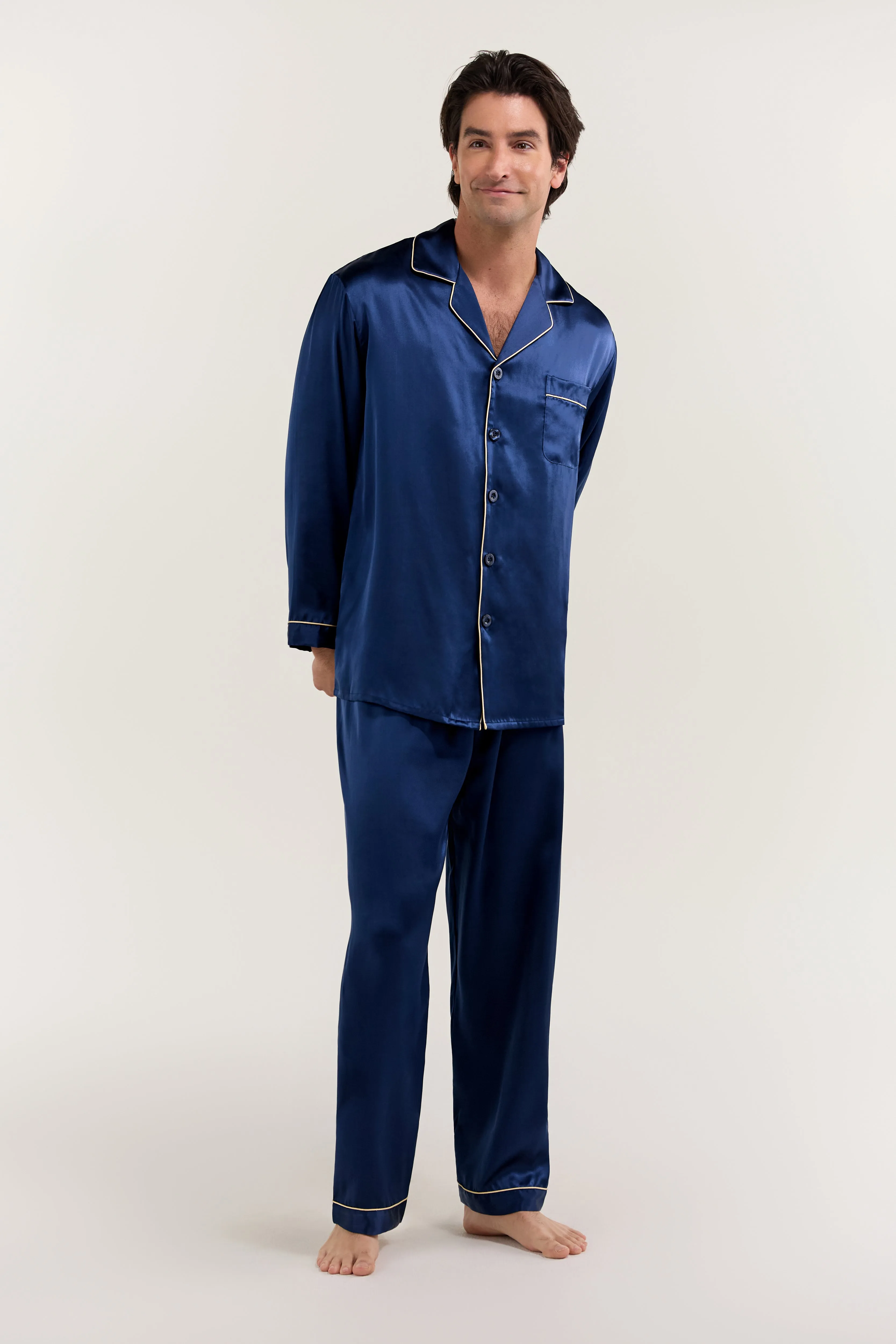 Men’s Long-Sleeve Silk Pajamas Set In Navy Blue