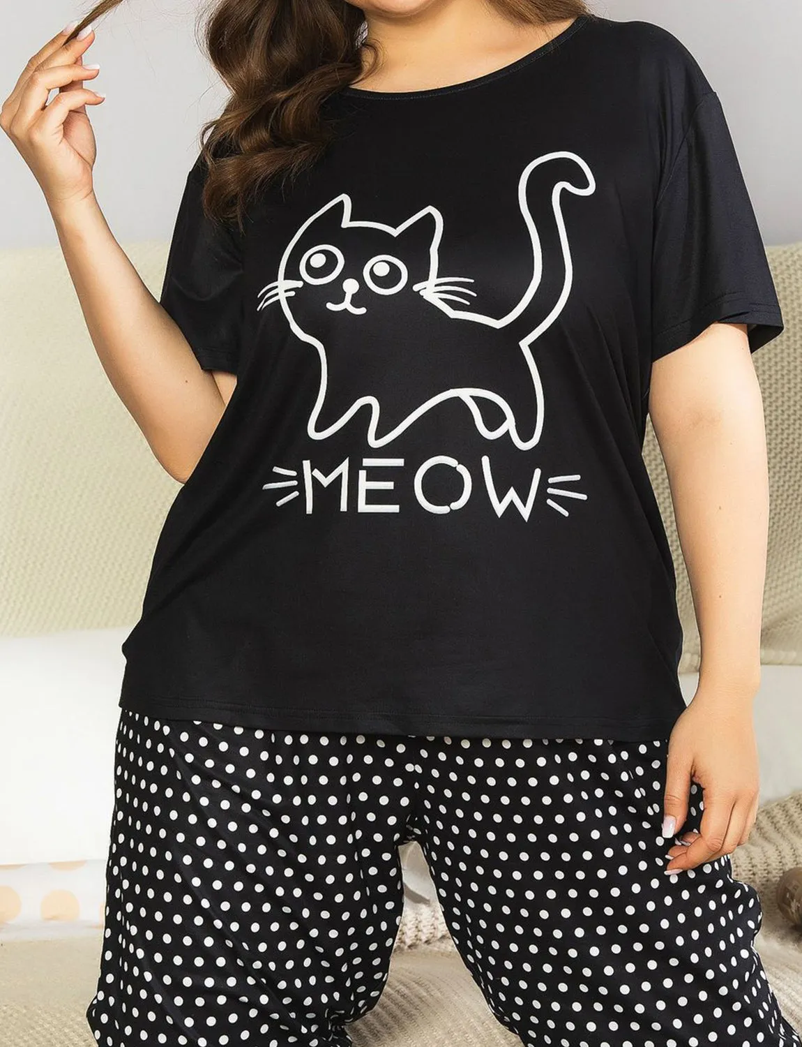 Plus Size Cotton Women's Cat Print Pajamas Set