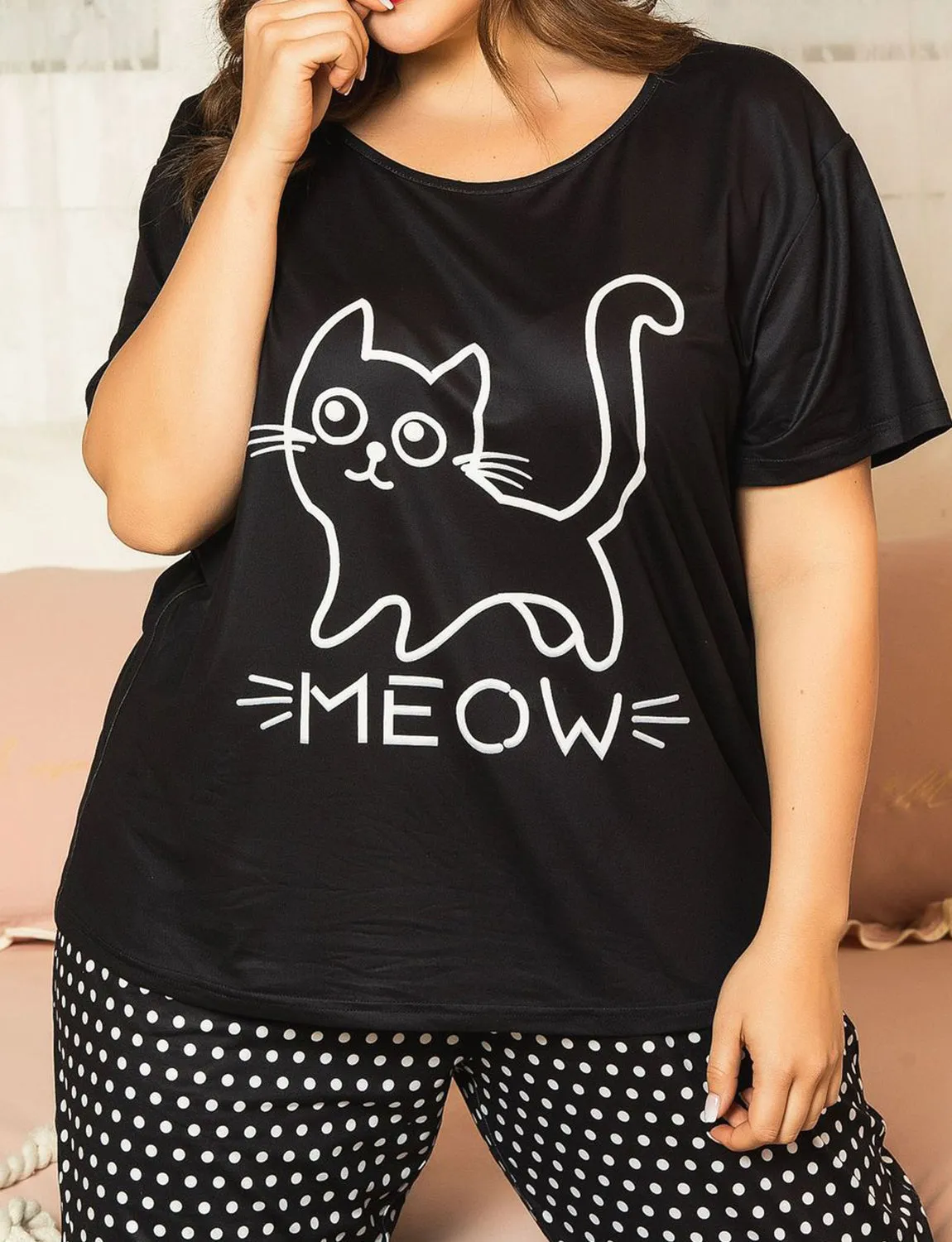 Plus Size Cotton Women's Cat Print Pajamas Set