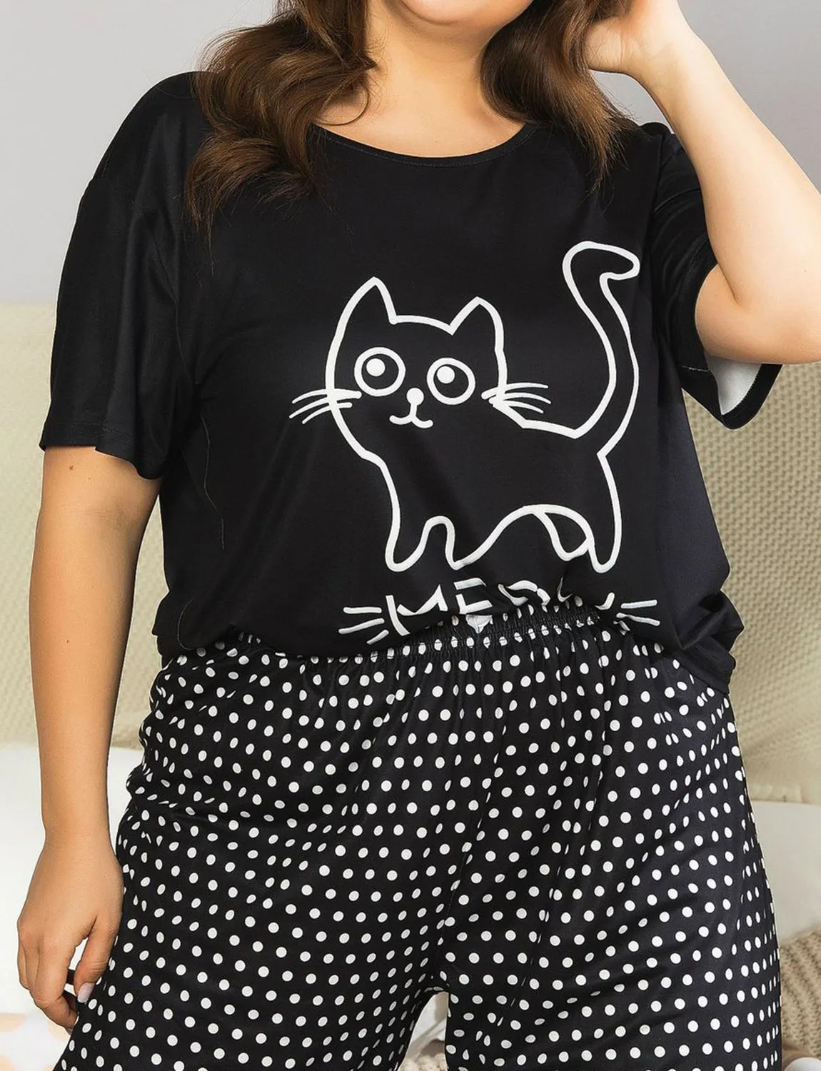 Plus Size Cotton Women's Cat Print Pajamas Set