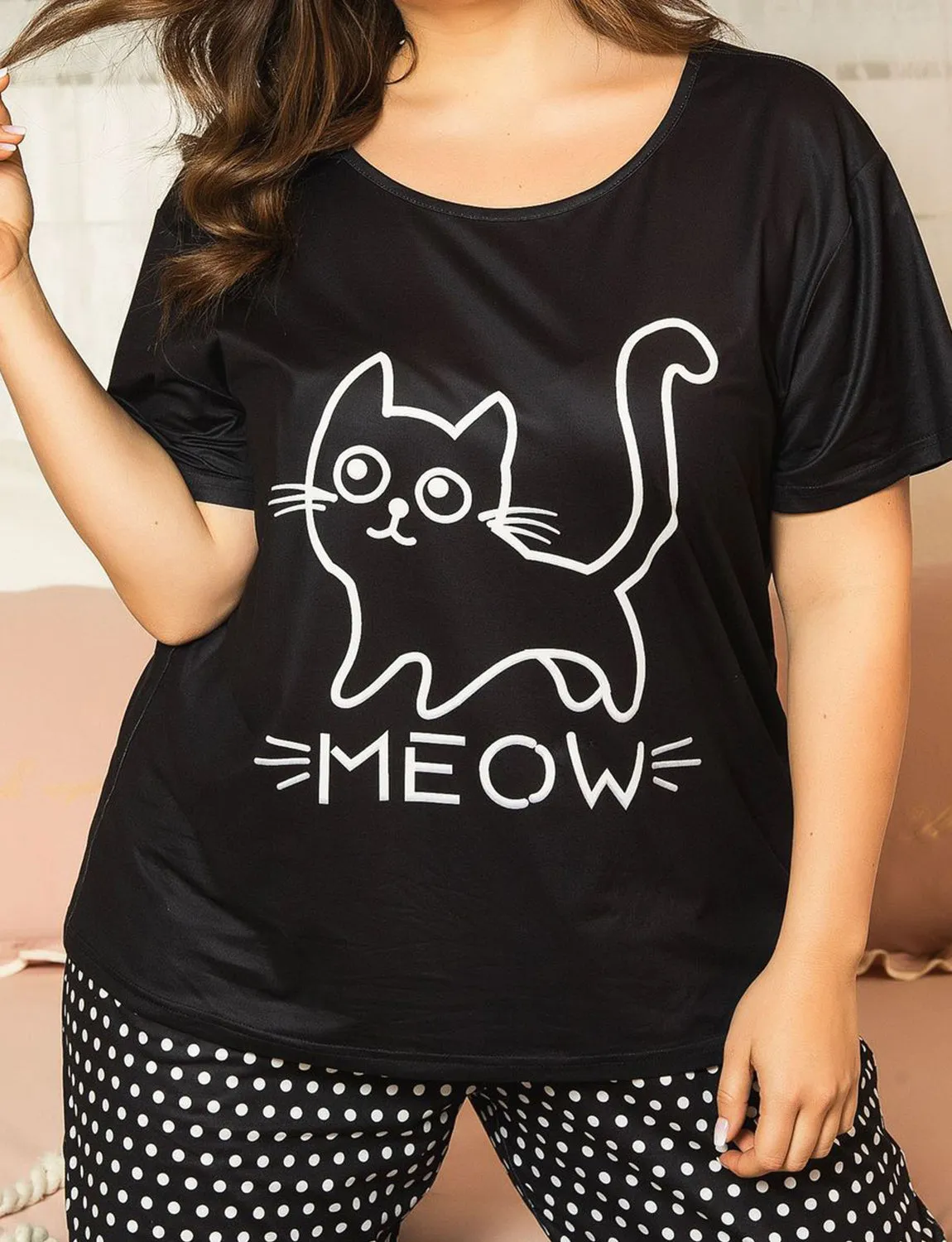 Plus Size Cotton Women's Cat Print Pajamas Set
