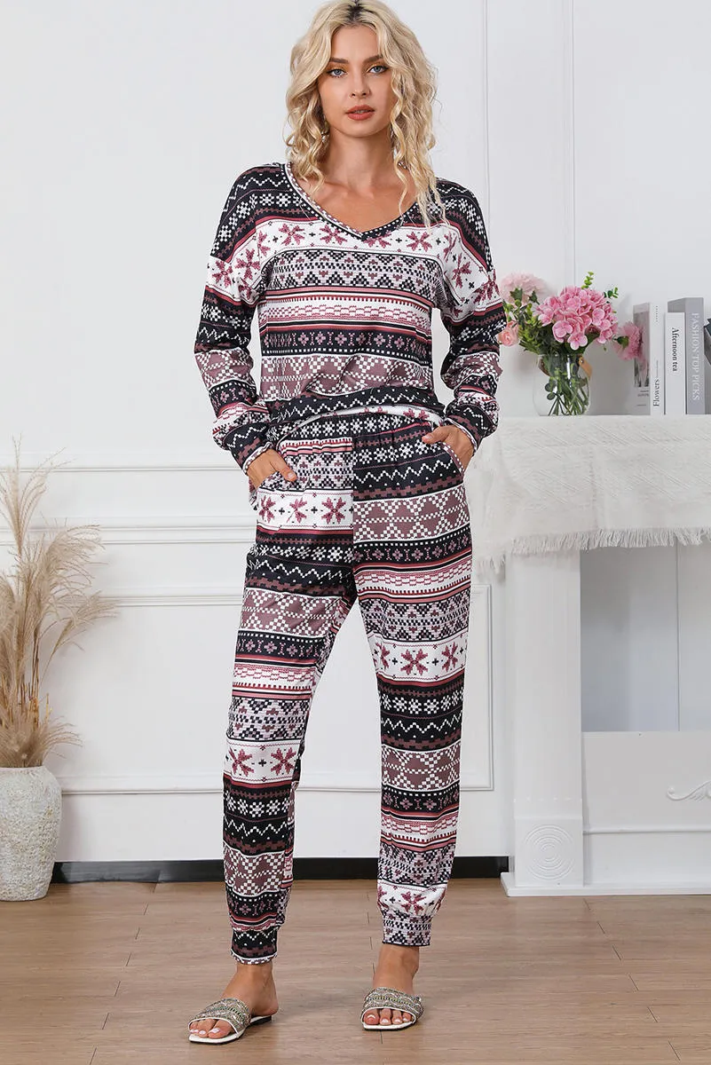 Snowflake Print Long Sleeve And Joggers Lounge Set