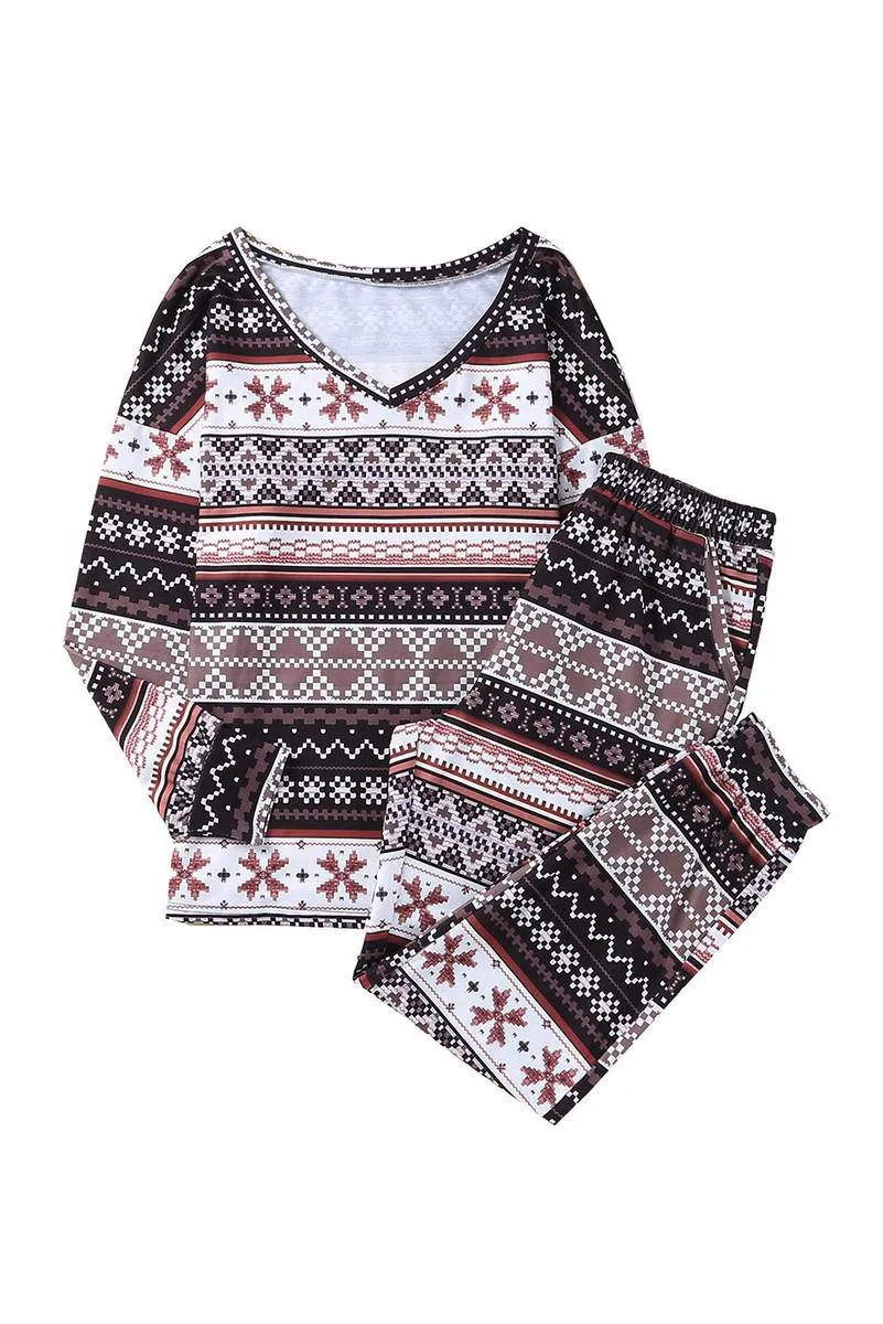 Snowflake Print Long Sleeve And Joggers Lounge Set