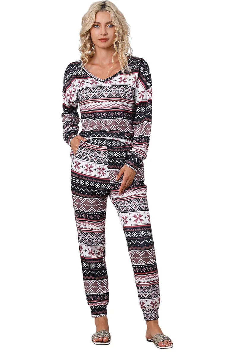 Snowflake Print Long Sleeve And Joggers Lounge Set