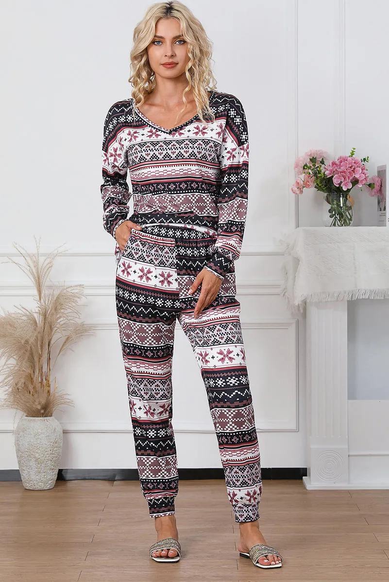 Snowflake Print Long Sleeve And Joggers Lounge Set