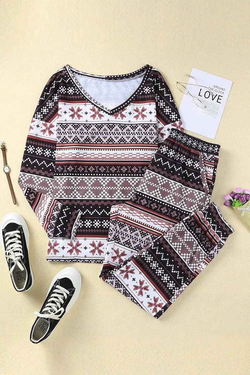 Snowflake Print Long Sleeve And Joggers Lounge Set