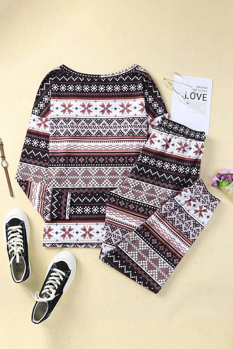 Snowflake Print Long Sleeve And Joggers Lounge Set