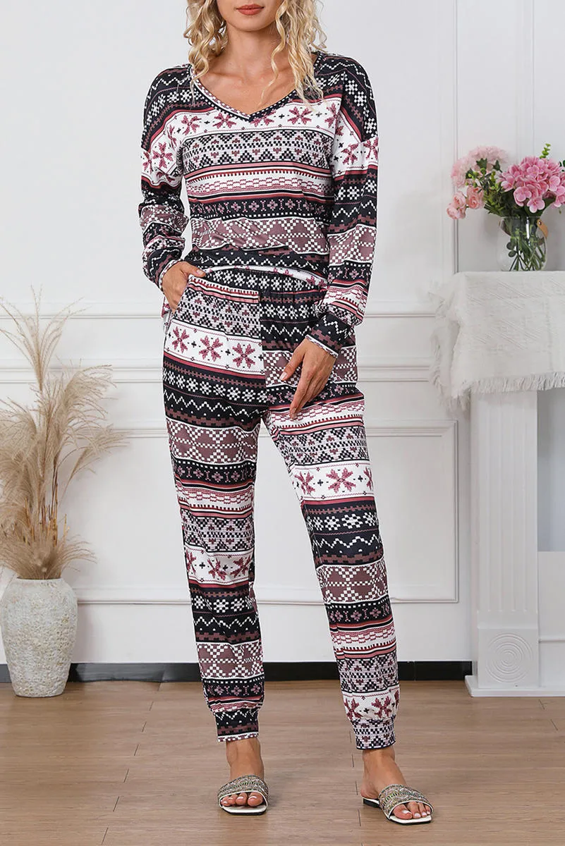 Snowflake Print Long Sleeve And Joggers Lounge Set