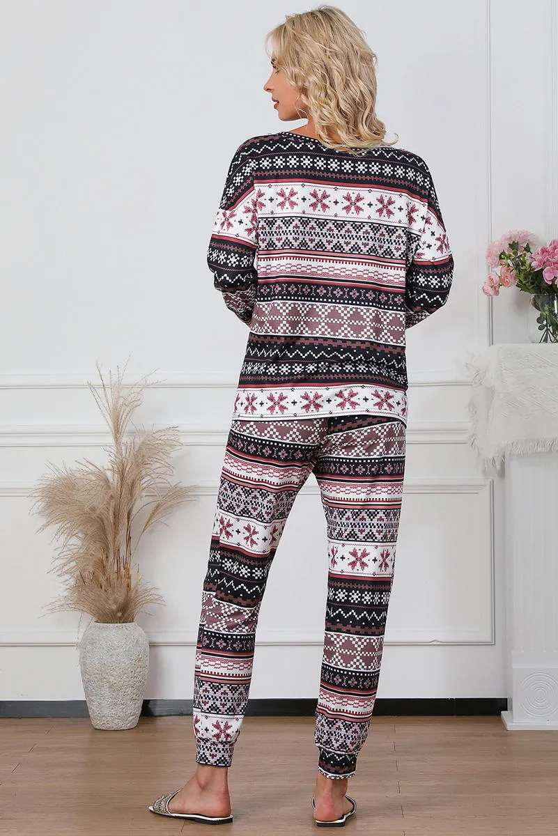 Snowflake Print Long Sleeve And Joggers Lounge Set