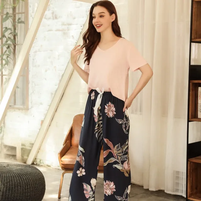 VenusFox Breathable 2PCS Pajama Short Sleeve Printed Loose Nightwear Suit Female Casual Homewear Pajama Set For Women