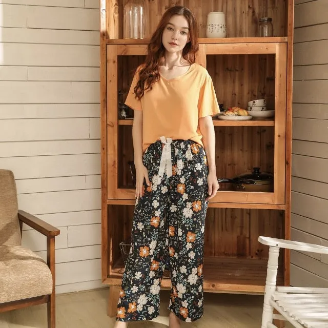 VenusFox Breathable 2PCS Pajama Short Sleeve Printed Loose Nightwear Suit Female Casual Homewear Pajama Set For Women