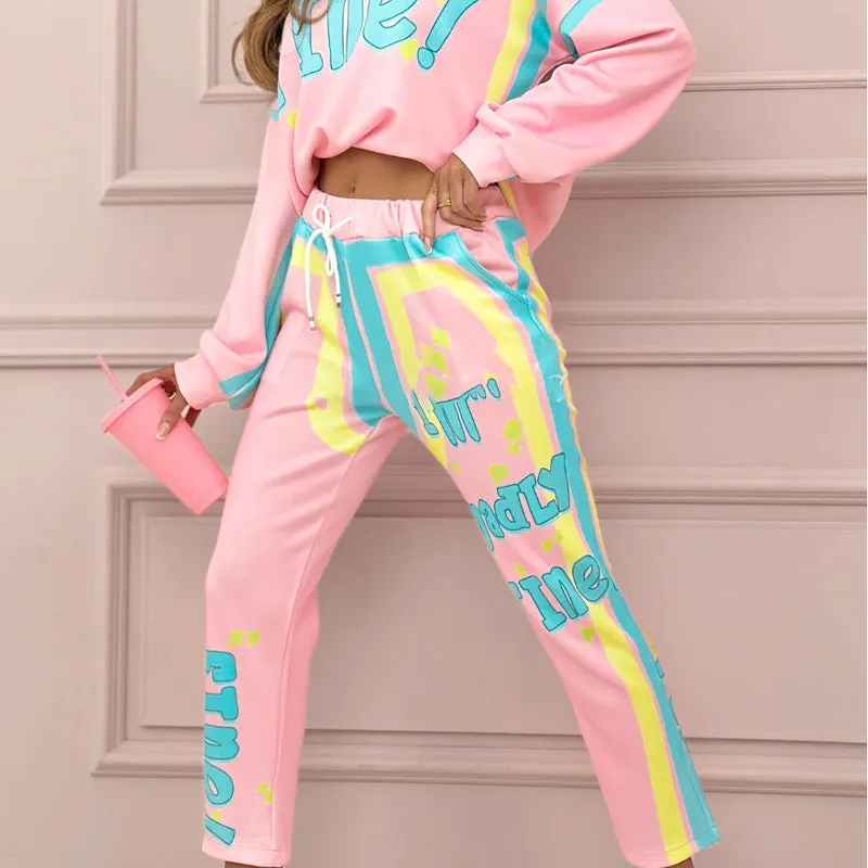 Women's Colorful Print Two-Piece Sweatshirt and Jogger Set